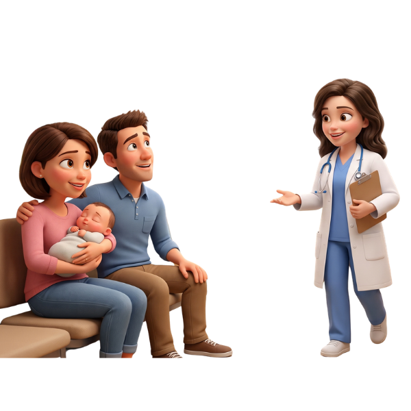 Family with a newborn talking with a friendly doctor in a clinic waiting room