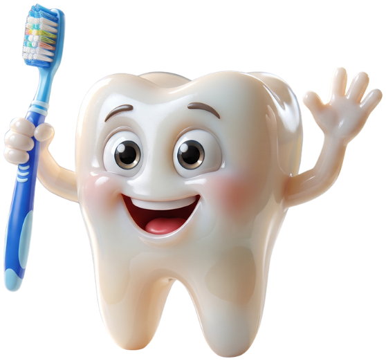 Friendly cartoon tooth character holding a toothbrush